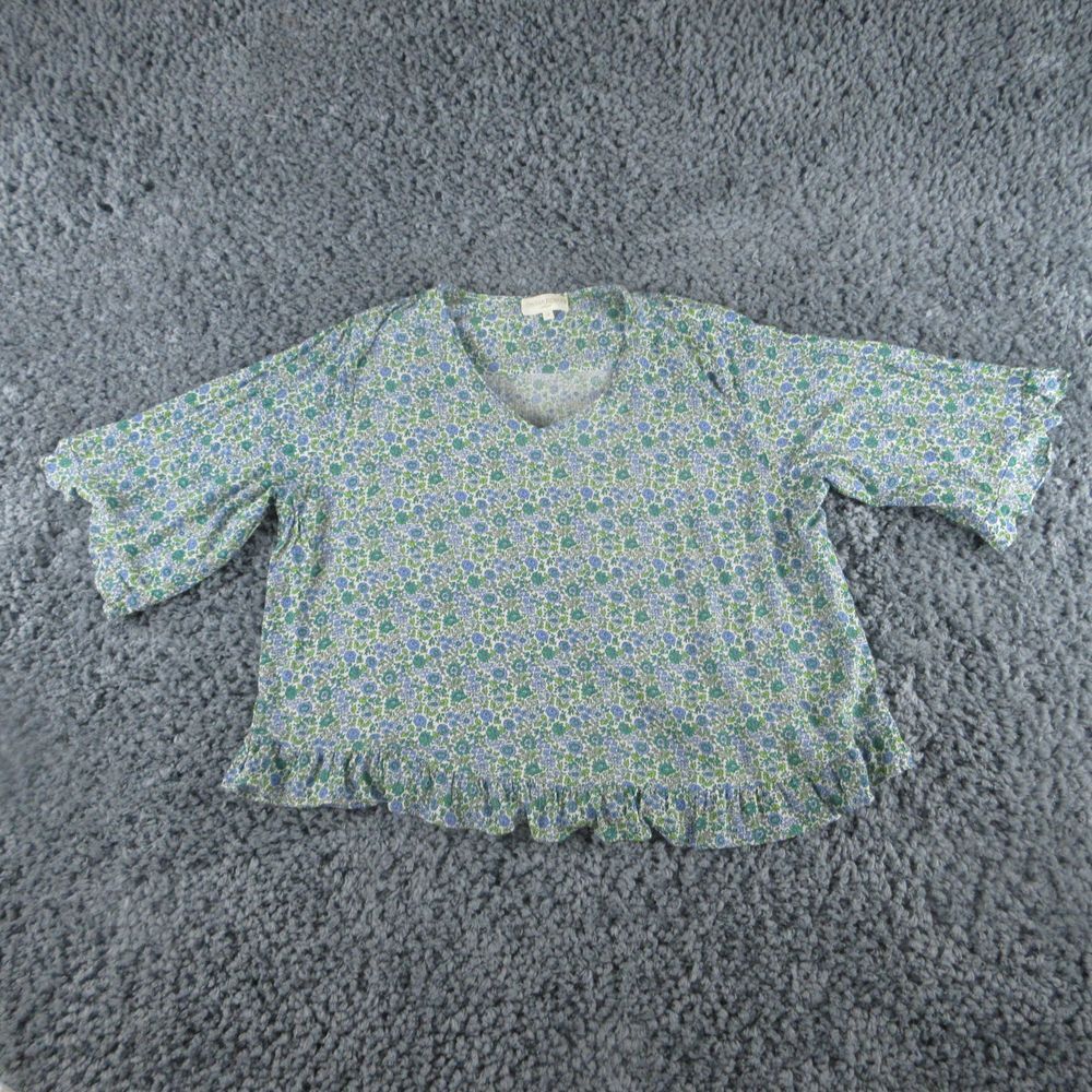 Cynthia Rowley Shirt Womens 2X Blue Green Floral Short Sleeve V-Neck